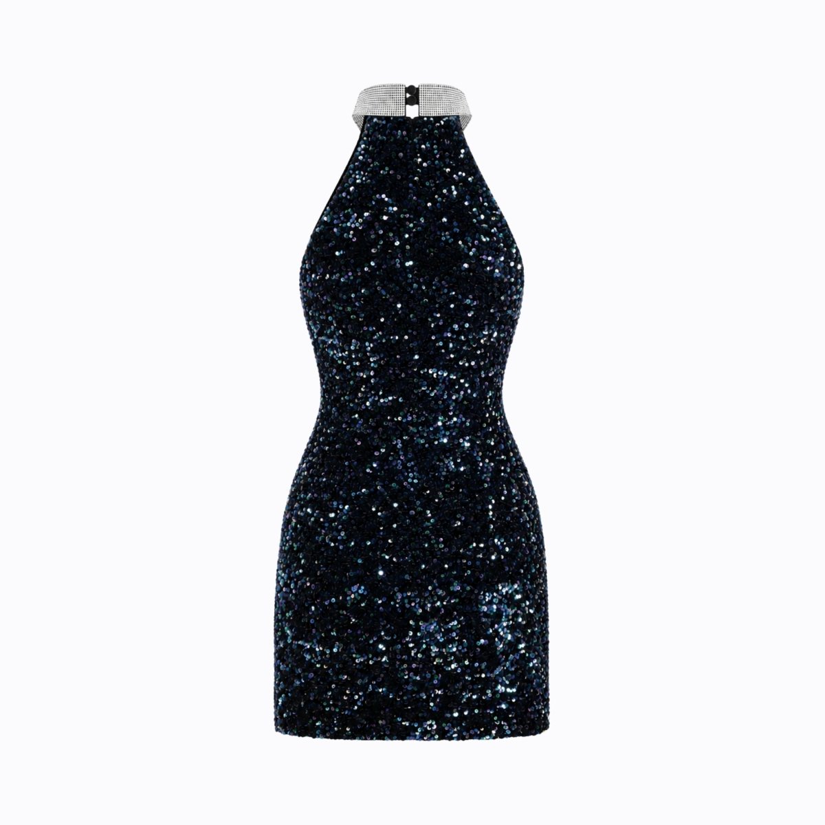 Women's Sequin Bodycon Mini Dress with Halter Neck | Metallic Collar, Back Zip | Sizes S to 2XL, Black
