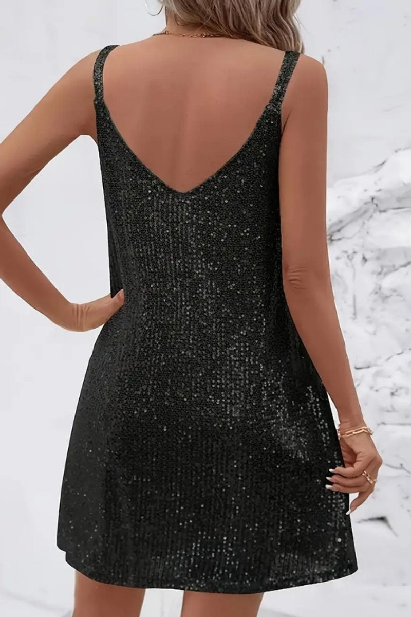 Women's Sleeveless Sequin Mini Dress | V Neck Cocktail Look with Flared Skirt | Sizes S to 2XL, Multiple Colors