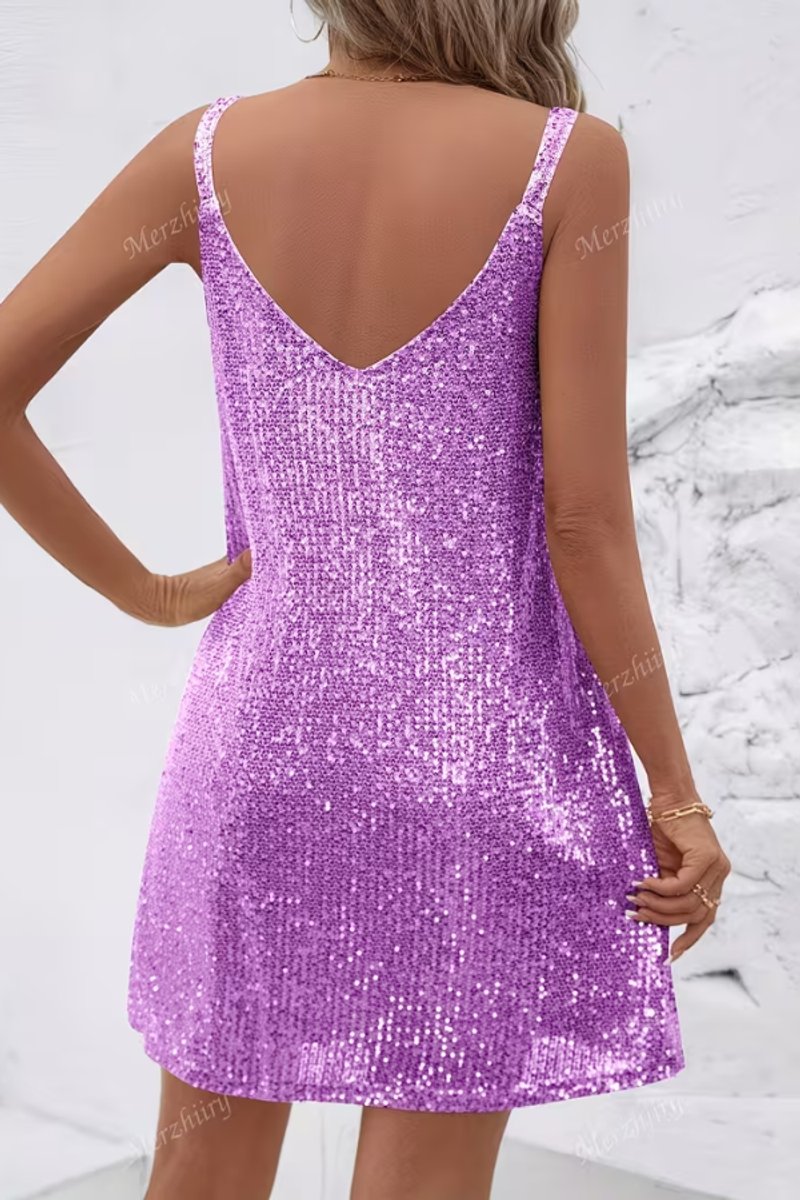 Women's Sleeveless Sequin Mini Dress | V Neck Cocktail Look with Flared Skirt | Sizes S to 2XL, Multiple Colors