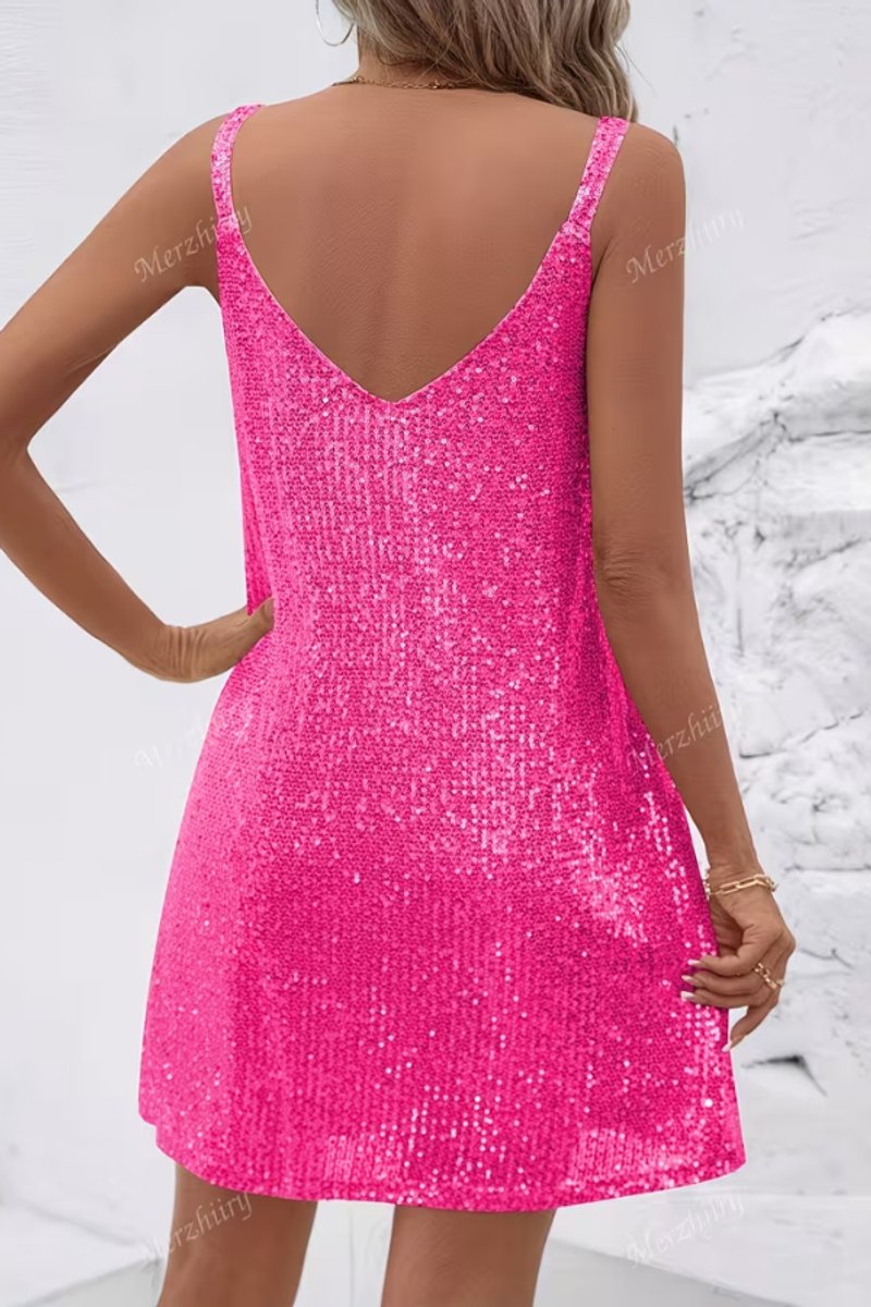 Women's Sleeveless Sequin Mini Dress | V Neck Cocktail Look with Flared Skirt | Sizes S to 2XL, Multiple Colors