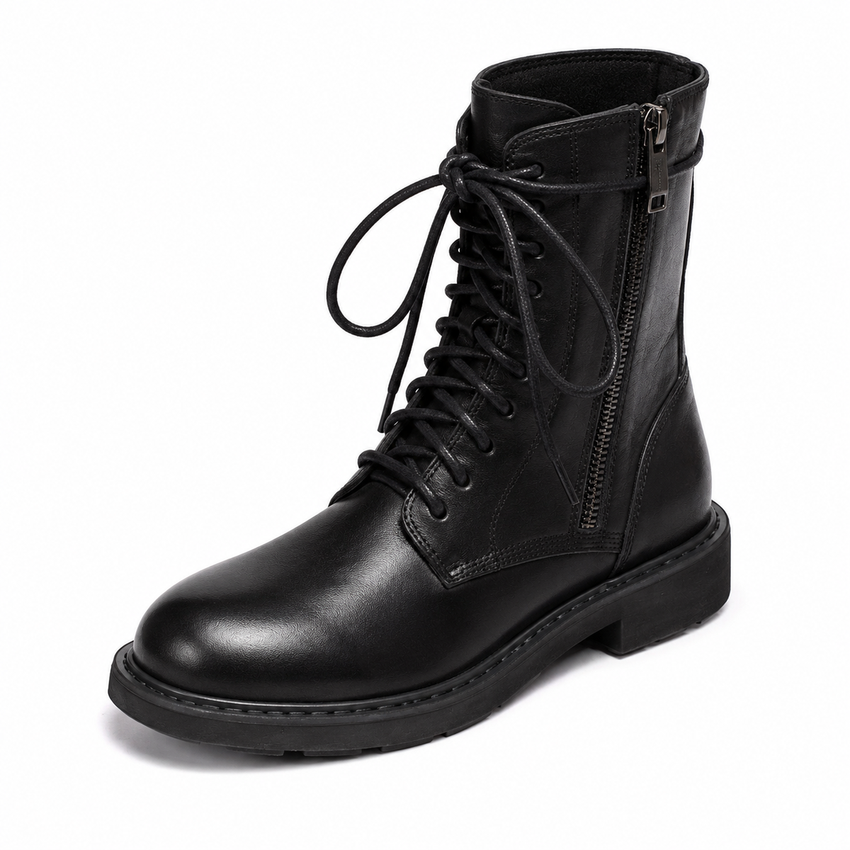 Women's Black Combat Boots with Metal Eyelet Lacing | Side Zip Entry, Round Toe, Treaded Rubber Sole | Sizes 5.5-10