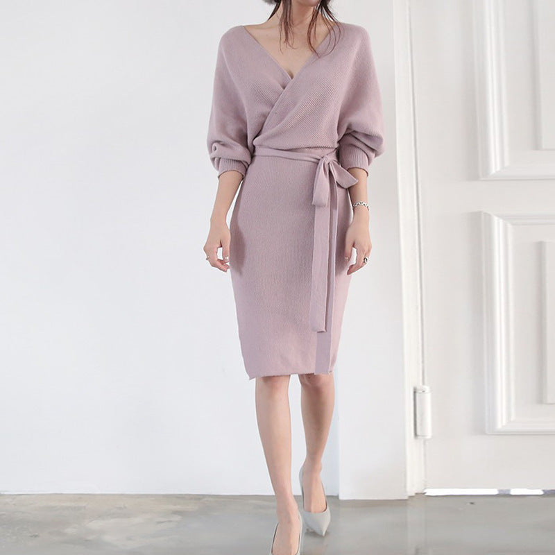 Women's Wrap Sweater Dress with Tie Belt | V Neck, Ribbed Cuffs, Midi Length Knit | Sizes S-2XL, 3 Colors