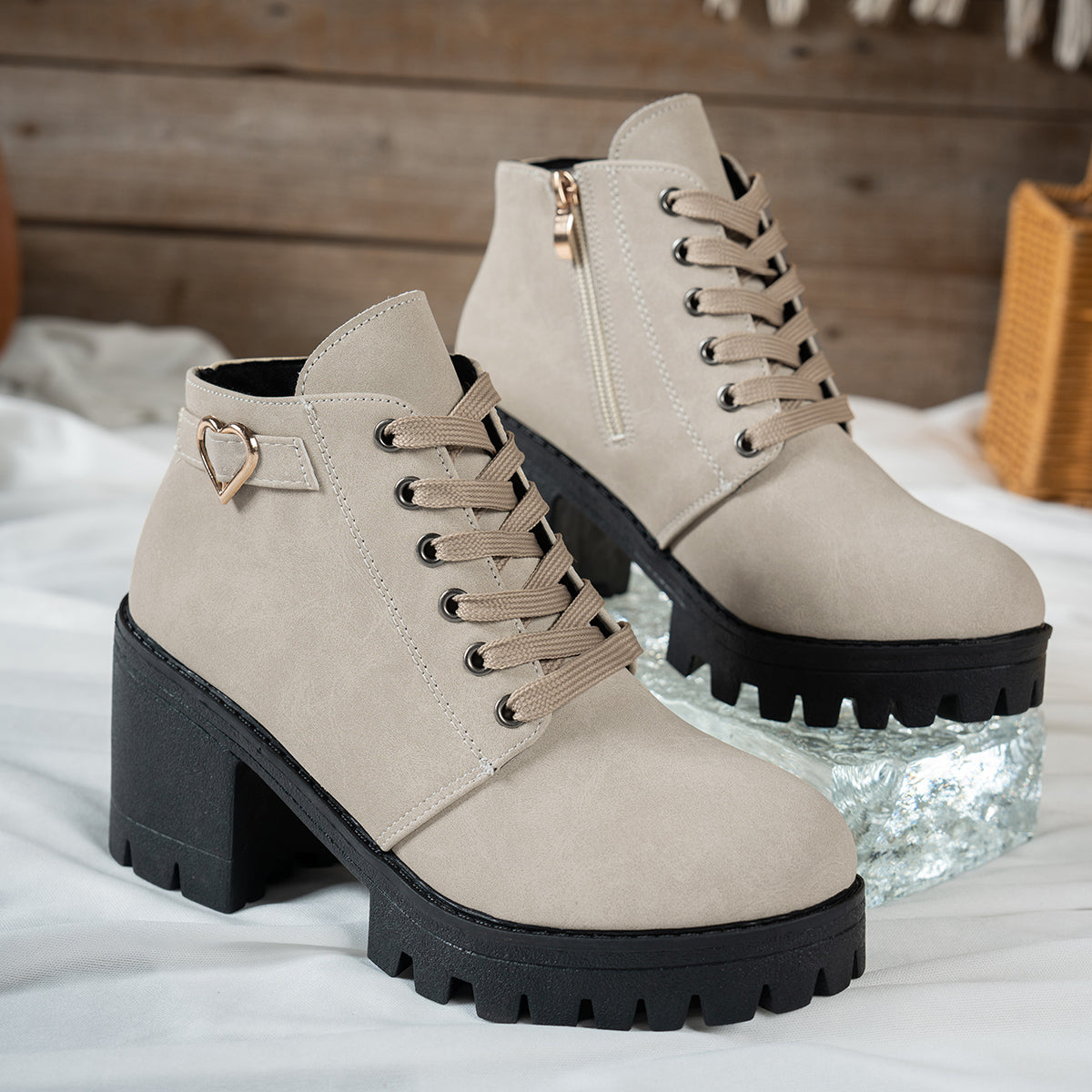 Women's Lace-Up Ankle Boots | Block Heel with Lugged Sole, Gold Buckle | US 5.5 to 12 | Black and Beige Colorways