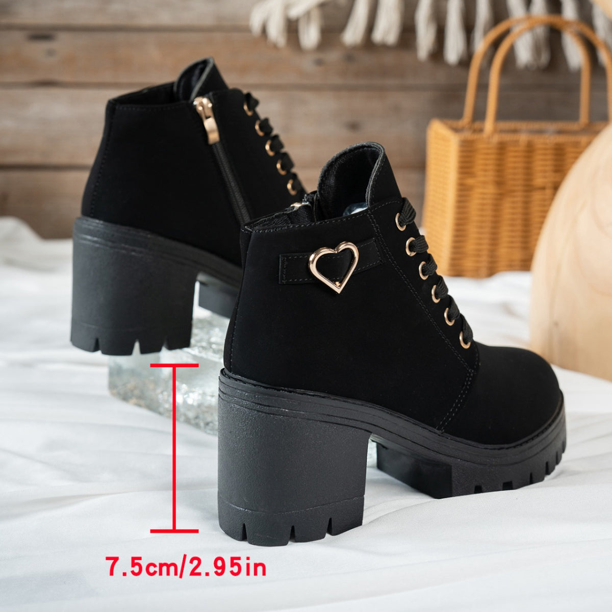 Women's Lace-Up Ankle Boots | Block Heel with Lugged Sole, Gold Buckle | US 5.5 to 12 | Black and Beige Colorways