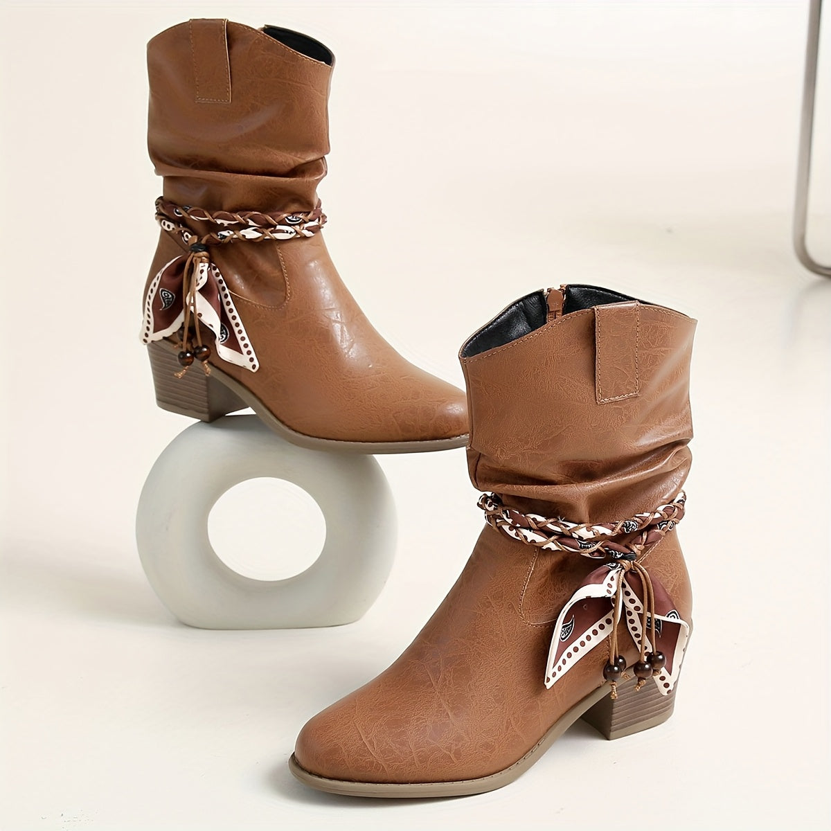 Women's Slouchy Ankle Boots with a Braided Strap and Bow | Block Heel and Side Zip Entry in Light Brown | Size 5.5-10.5