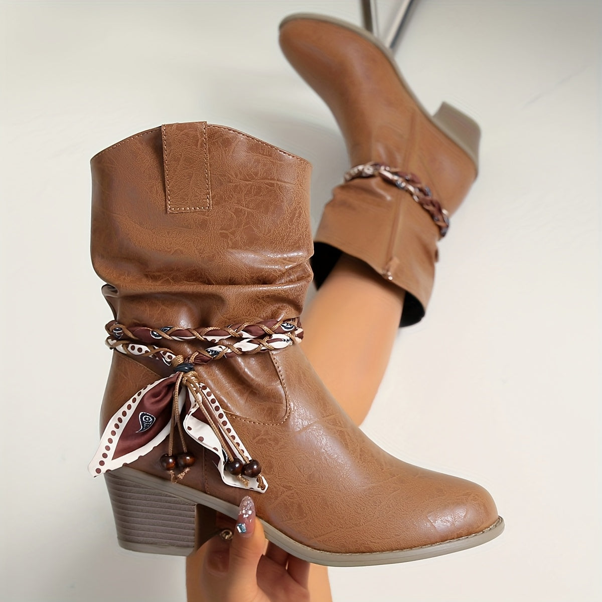Women's Slouchy Ankle Boots with a Braided Strap and Bow | Block Heel and Side Zip Entry in Light Brown | Size 5.5-10.5