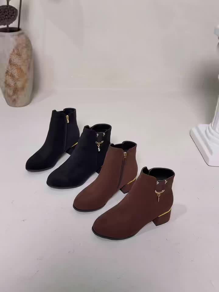 Women's Ankle Boots with Low Square Heel | Round Toe Booties, Side Zip and Gold Details | Size 5.5-10.5, 2 Colors