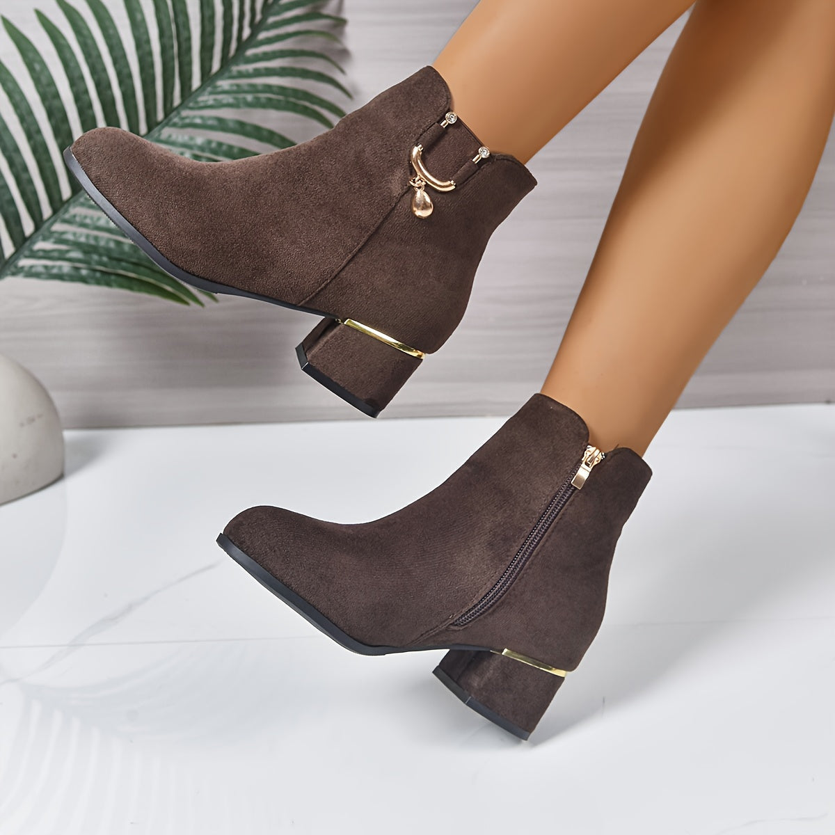 Women's Ankle Boots with Low Square Heel | Round Toe Booties, Side Zip and Gold Details | Size 5.5-10.5, 2 Colors