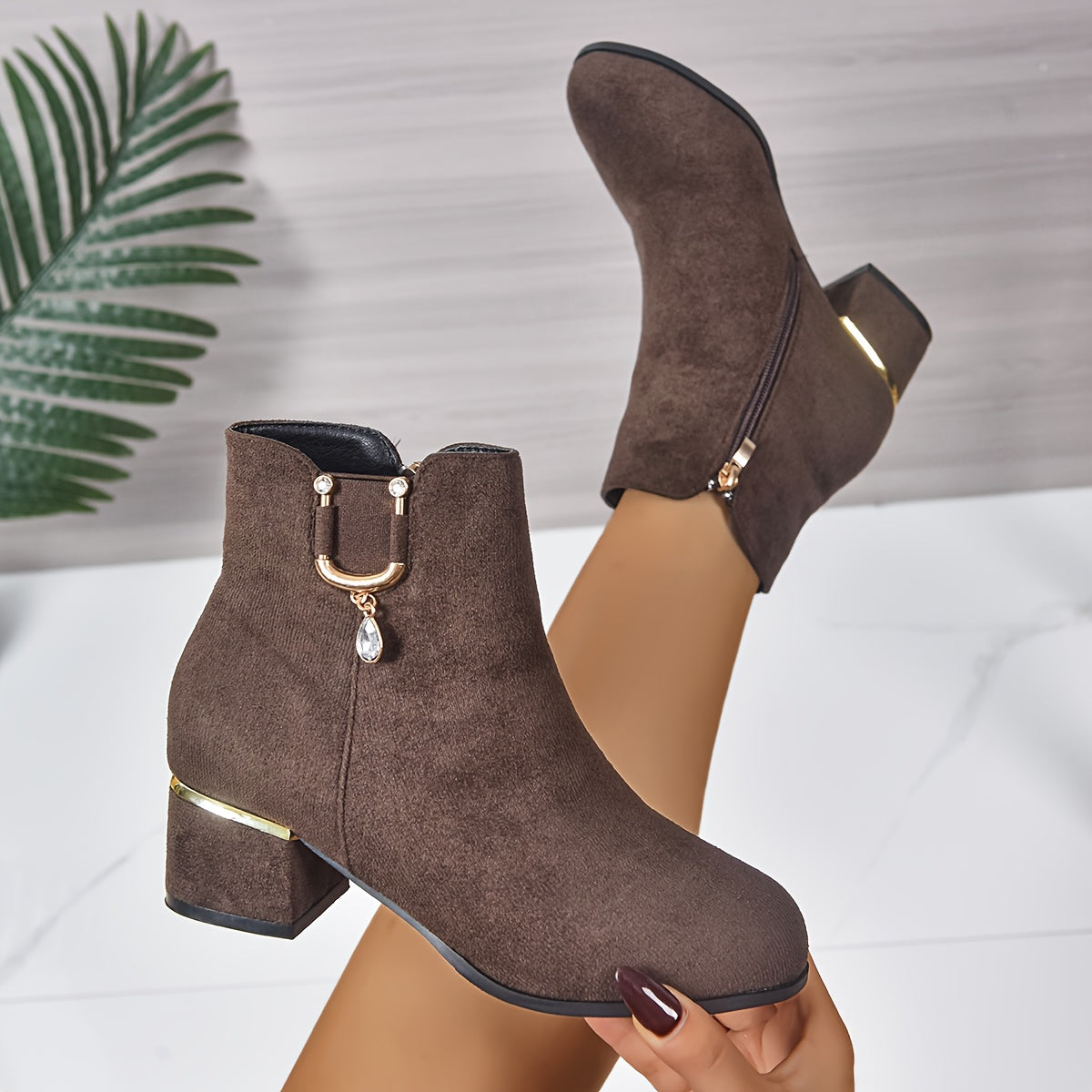 Women's Ankle Boots with Low Square Heel | Round Toe Booties, Side Zip and Gold Details | Size 5.5-10.5, 2 Colors