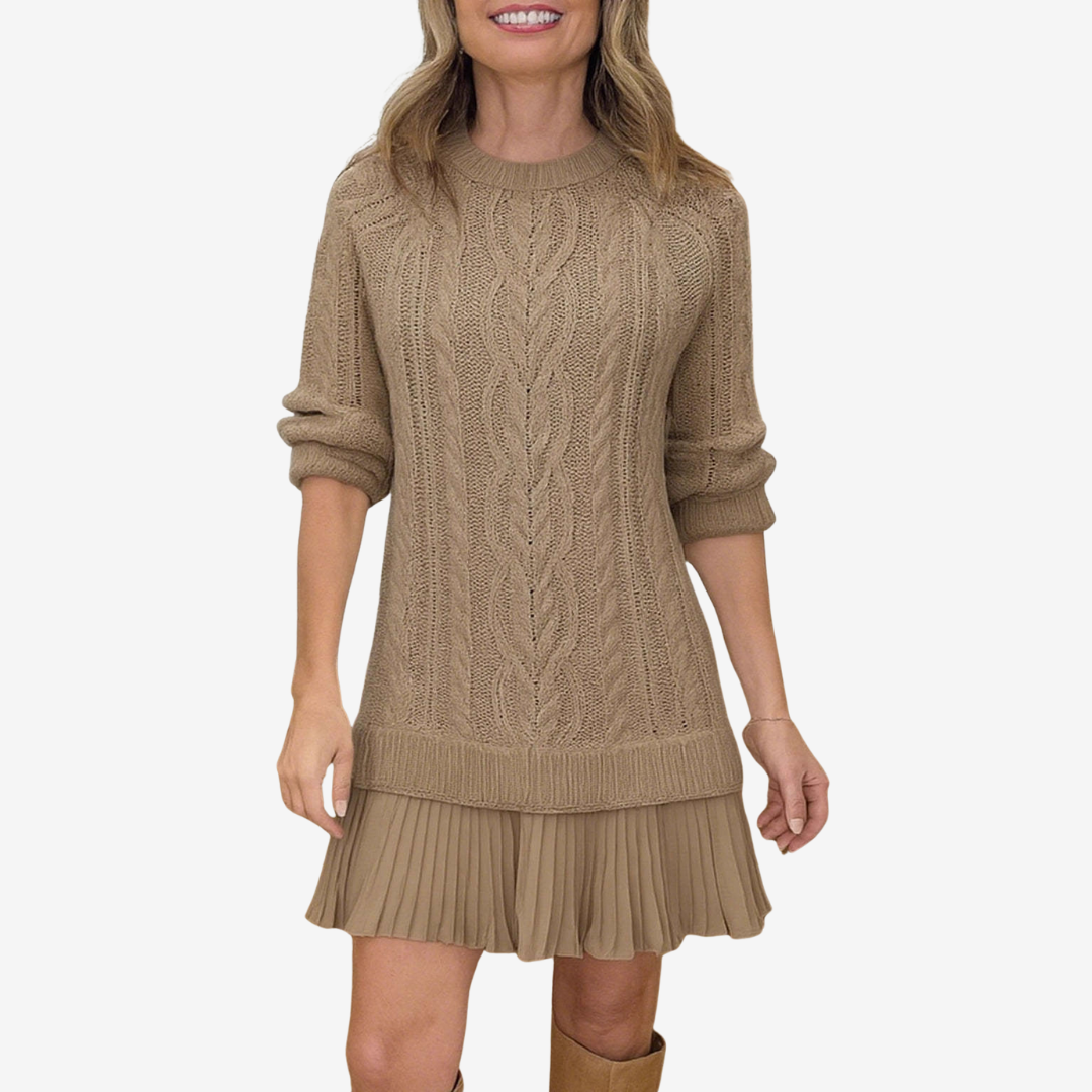 Women's Cable Knit Sweater Dress in a Mini Length | Pleated Hem and Straight Cut | Size XS-3XL, 5 Colors