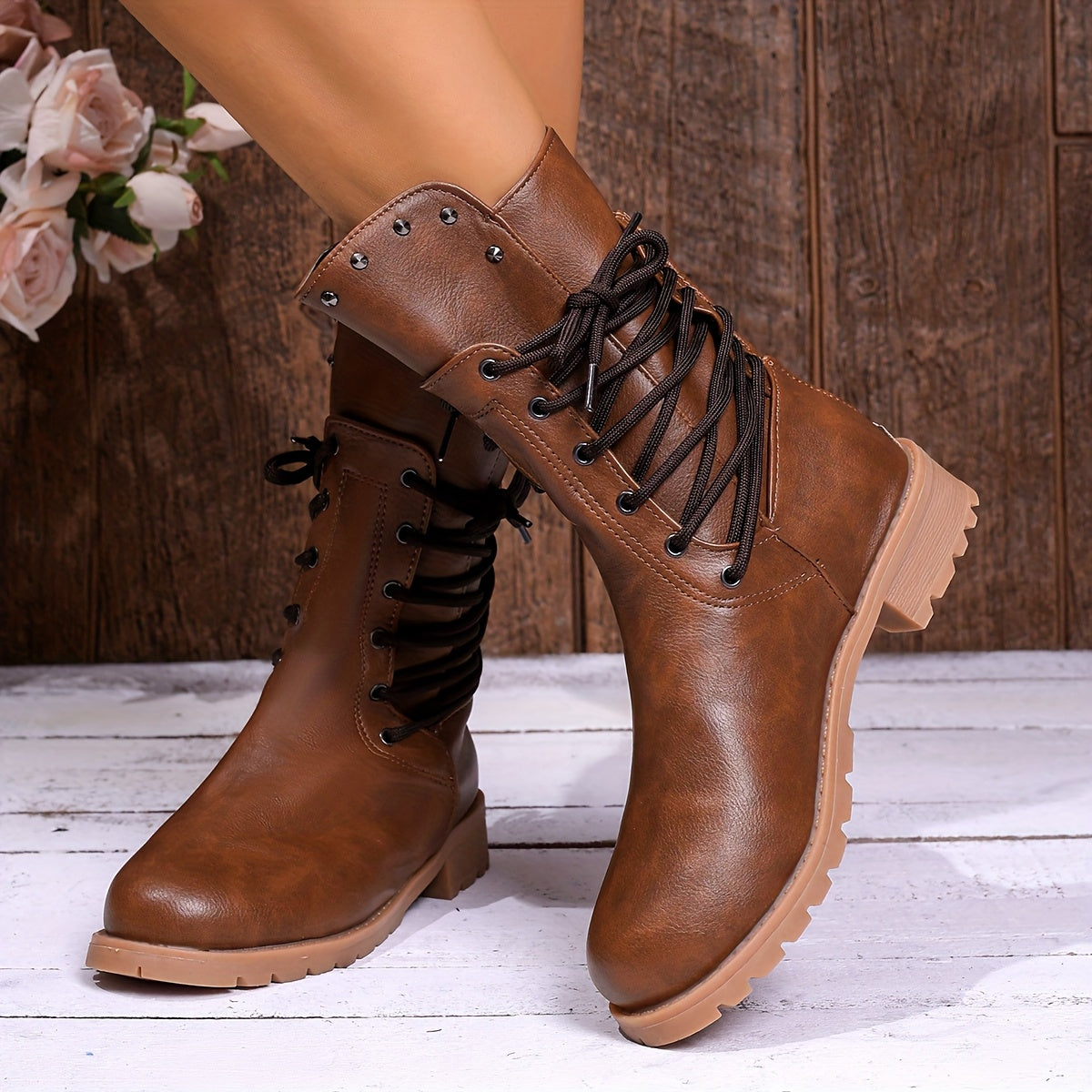 Women's Lace Up Combat Boots with Studded Collar | Cushioned Lug Sole, Mid Calf Height | Size 5.5-10.5, 3 Colors