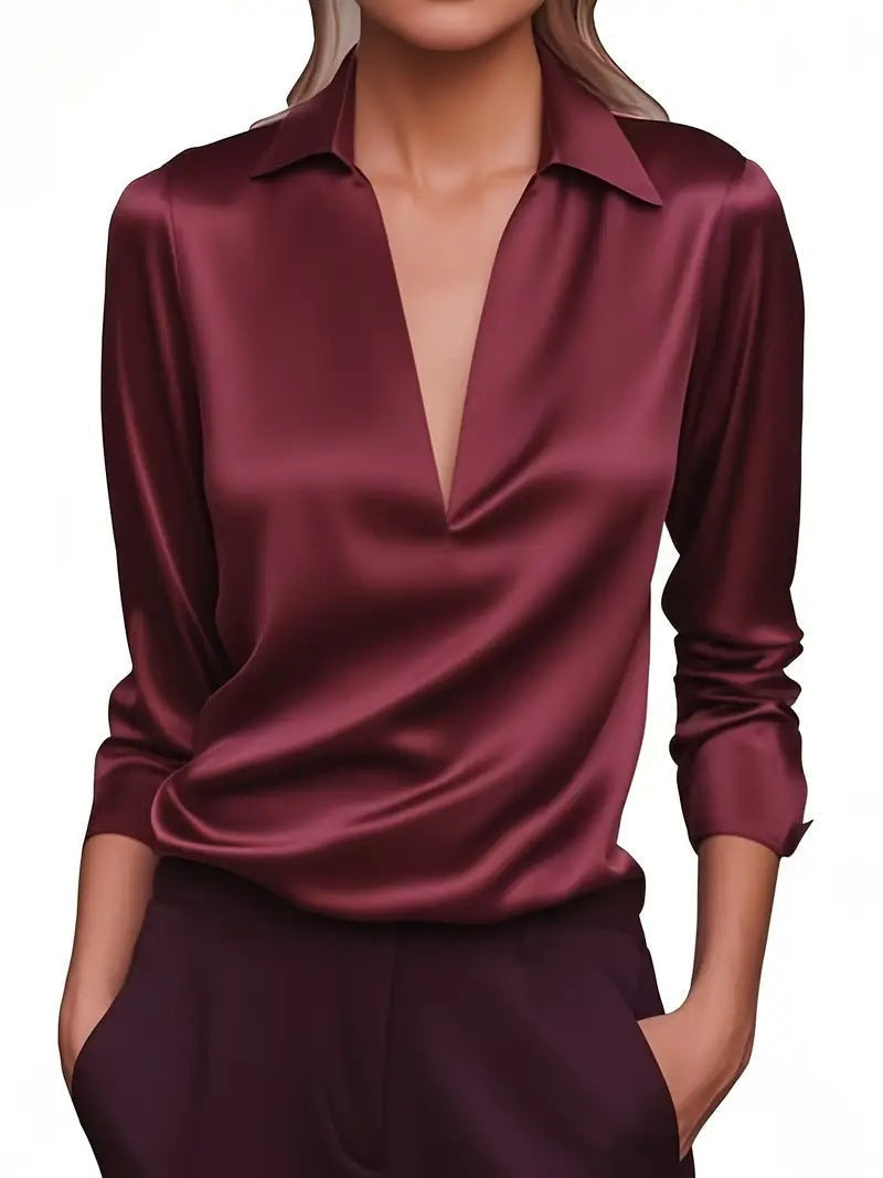 Women's Satin-Look V Neck Blouse with Draped Front | Long Sleeves, Lightly Fitted Cut | Sizes S to 2XL, 6 Colors