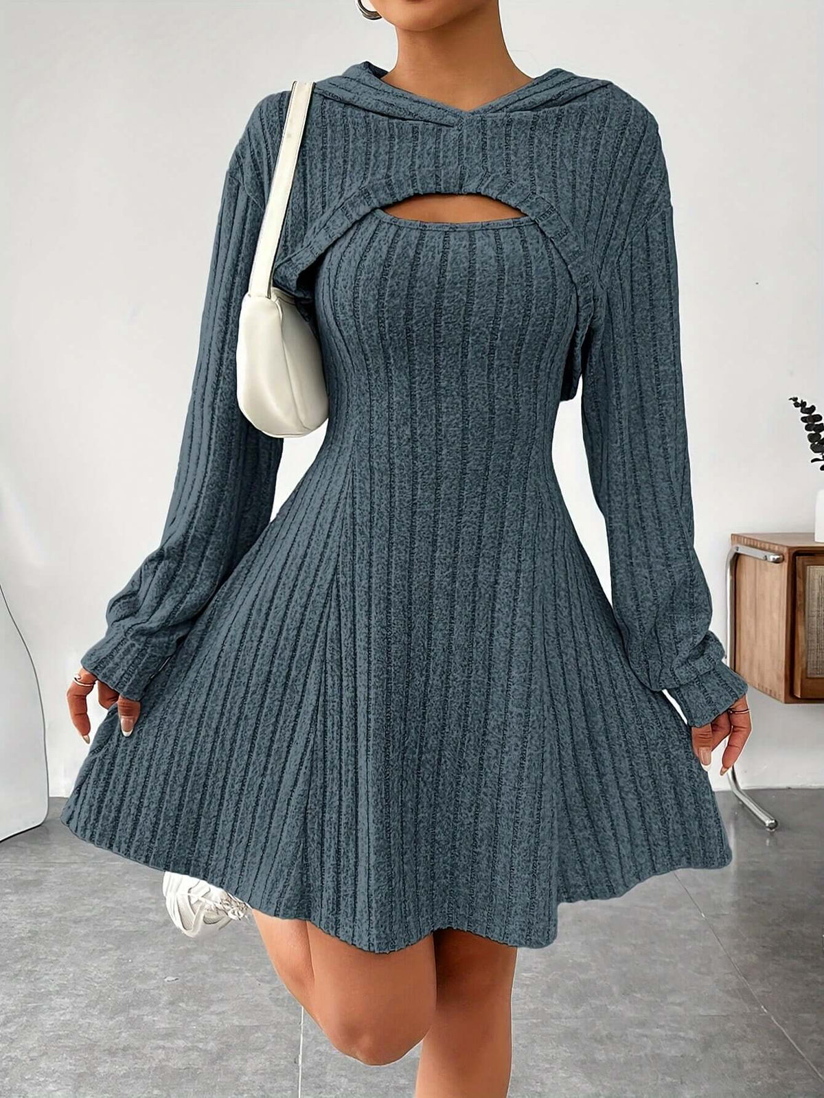 Women's Mini Knit Dress with Chest Cutout and Hood | Ribbed Texture, Long Sleeves, Flared Skirt | Sizes S-L, 6 Colors