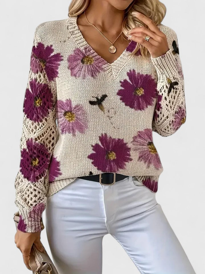 Women's Floral Knit Cardigan with V-Neck and Open Lattice Sleeves | Hip-Length Layering Sweater | Size S-2XL