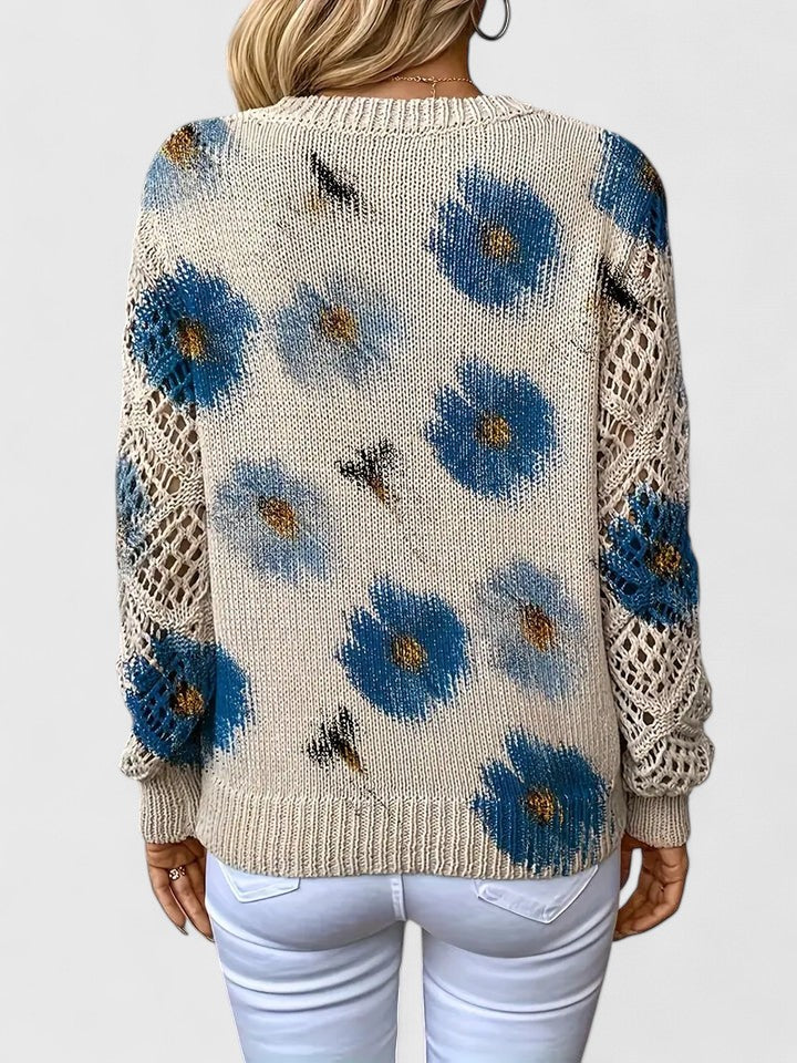 Women's Floral Knit Cardigan with V-Neck and Open Lattice Sleeves | Hip-Length Layering Sweater | Size S-2XL