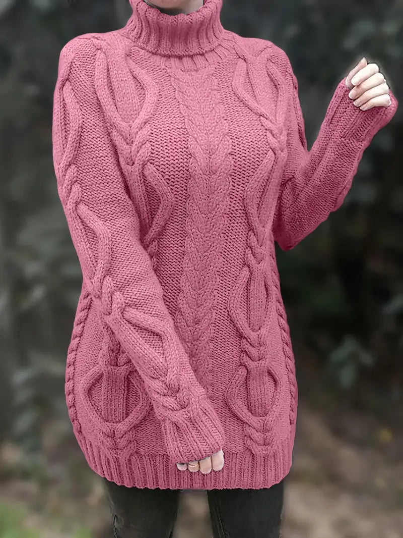 Women's Oversized Cable Knit Turtleneck Sweater | Chunky Hip Length Pullover | Sizes XS to 3XL | 8 Colors Including Beige