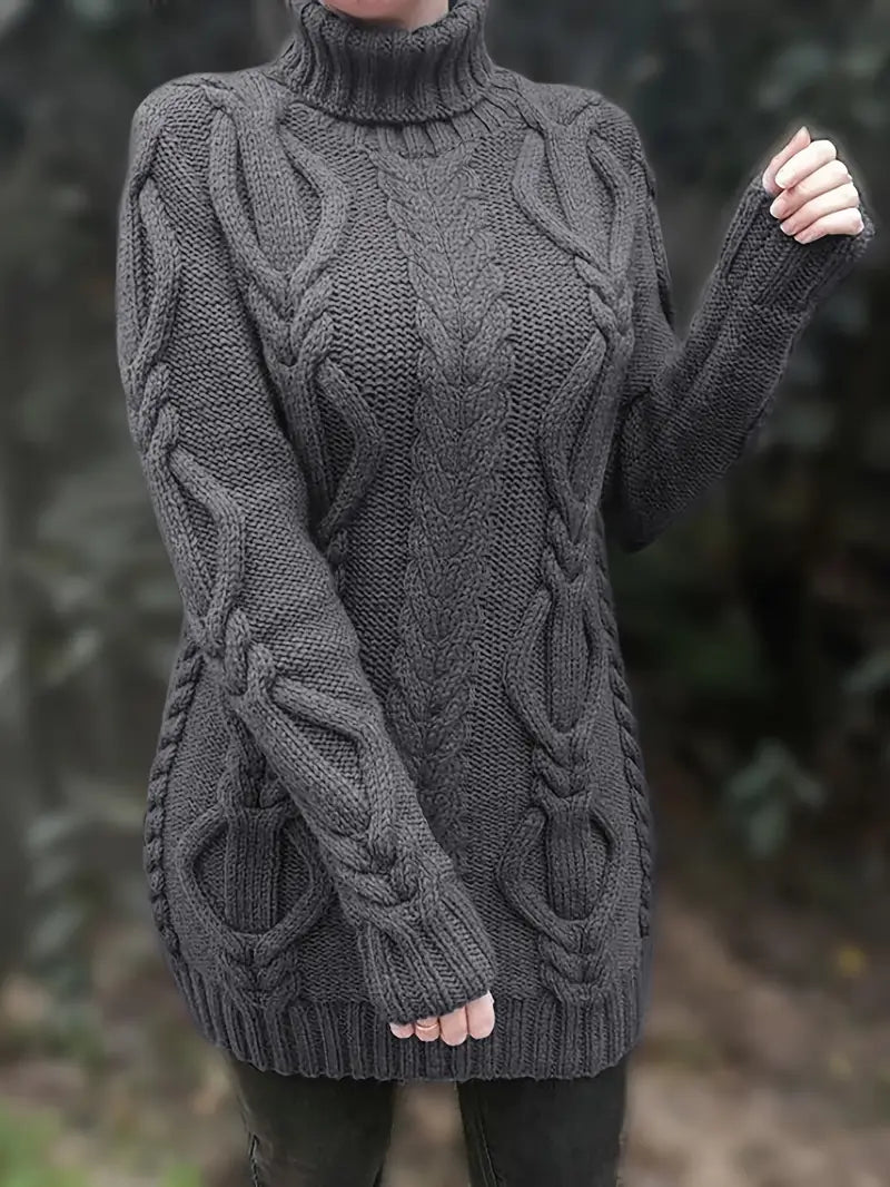 Women's Oversized Cable Knit Turtleneck Sweater | Chunky Hip Length Pullover | Sizes XS to 3XL | 8 Colors Including Beige