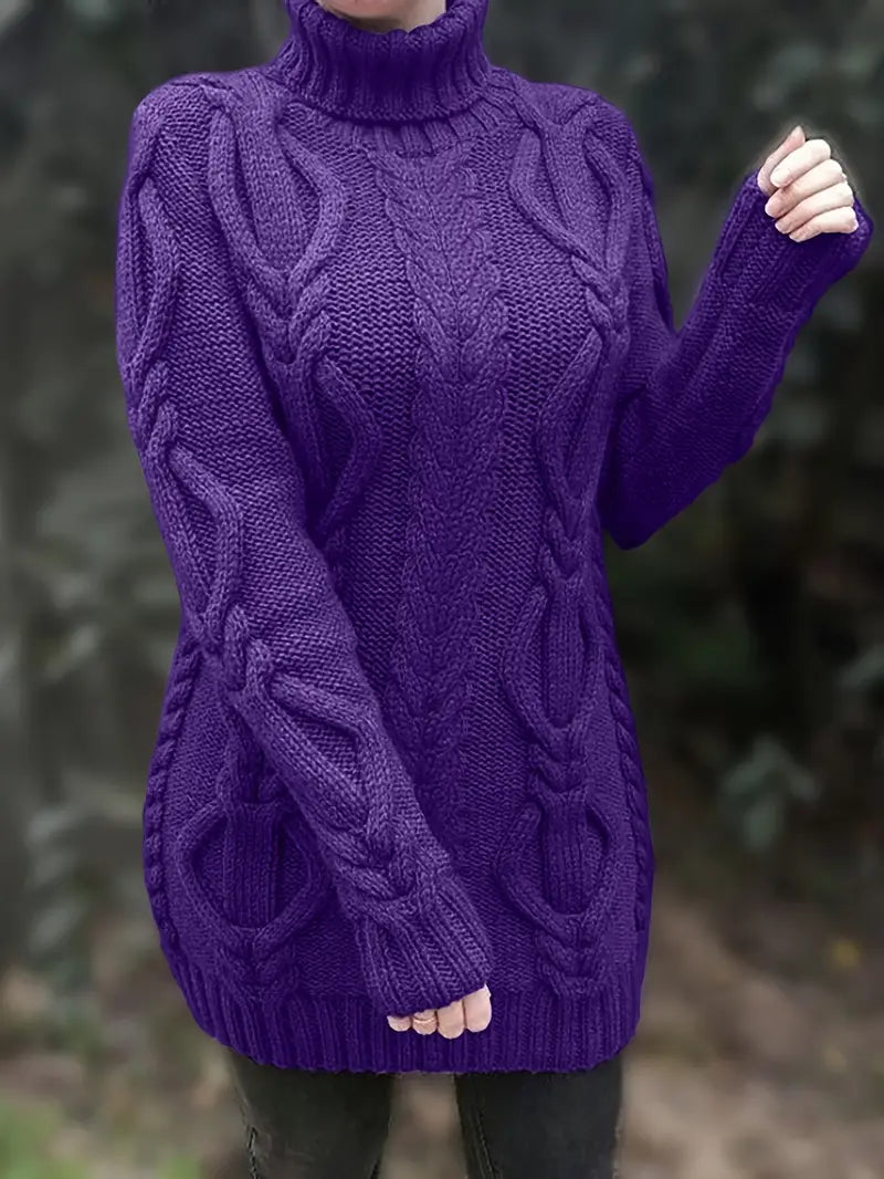 Women's Oversized Cable Knit Turtleneck Sweater | Chunky Hip Length Pullover | Sizes XS to 3XL | 8 Colors Including Beige