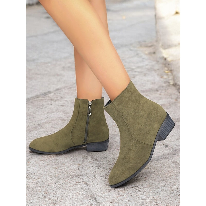 Women's Boots with Block Heel and Ankle Height | Zip Closure | Size 6-10.5 | Brown, Green, Black