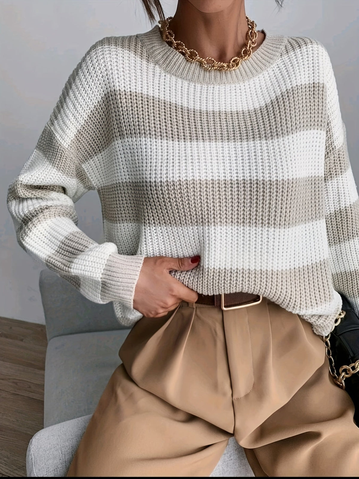 Women's Beige and White Striped Pullover Sweater | Soft, Warm Layer for Fall and Winter Cold Weather Days | Size S-L