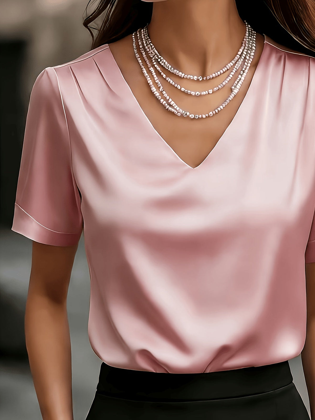 Women's Satin Blouse with V Neck and Short Sleeves | Relaxed Drape, Smooth Seams | Sizes XS to 3XL, 4 Colors