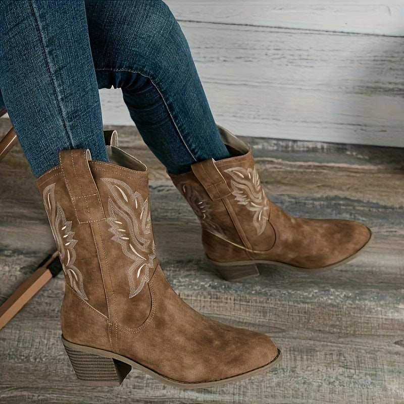 Women's Heeled Boots with Block Heel and Embroidery | Size 5.5-12 | Camel, Black, Beige
