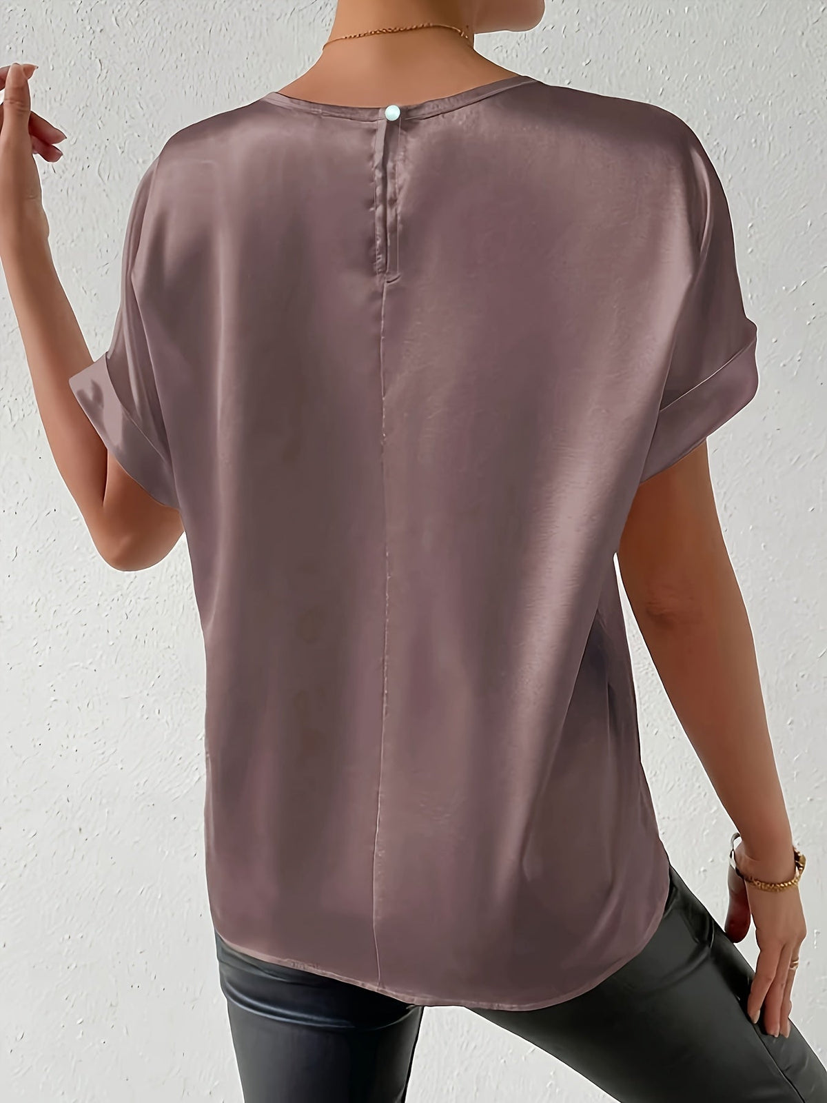 Women's Short Sleeve Blouse in Satin-Finish Cotton Blend | Crew Neck, Button Back | Sizes XS to 3XL, 4 Colors