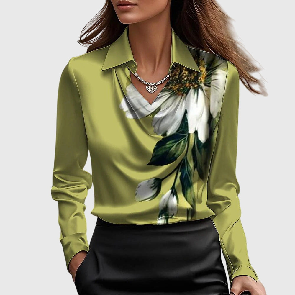 Women's Draped Blouse with Pleated Neckline and Subtle Shine | Flowy Dressy Top, Relaxed Fit | Size XS-3XL