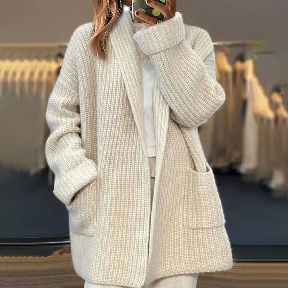Women's Long Open Front Cardigan Sweater with Pockets | Relaxed Knit Layer in Beige or Camel | Size M-L
