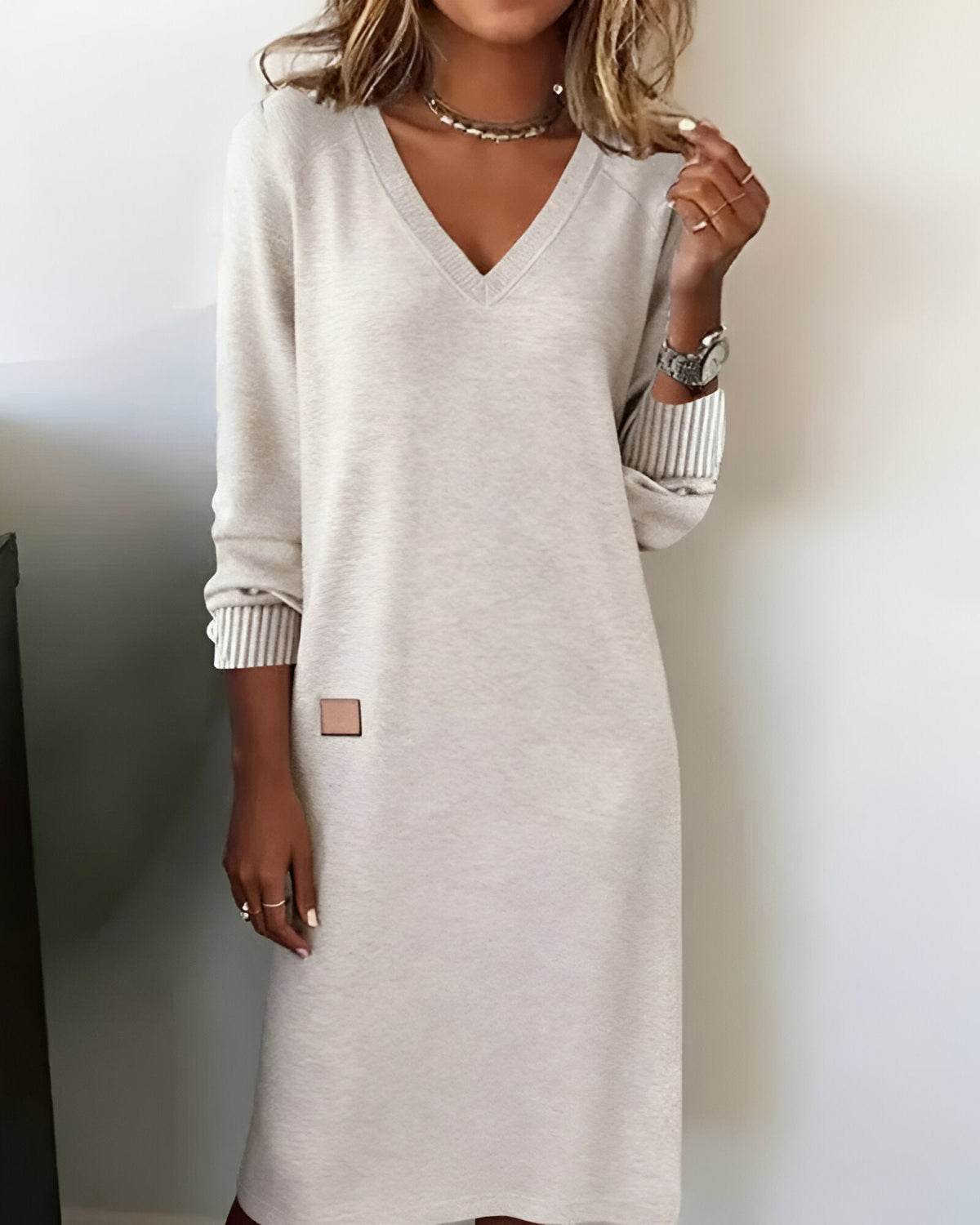 Women's V Neck Sweater Dress with Ribbed Cuffs | Relaxed Knit, Short Length, Long Sleeves | Sizes S-3XL, 3 Colors