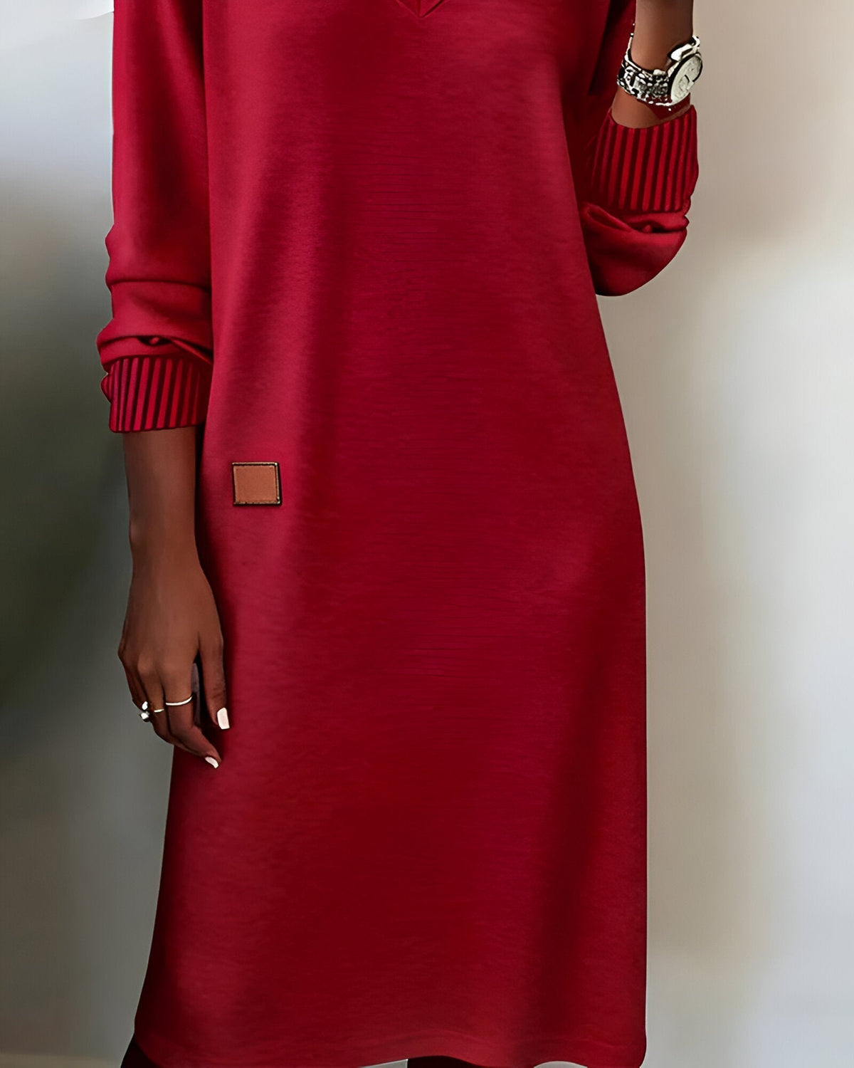 Women's V Neck Sweater Dress with Ribbed Cuffs | Relaxed Knit, Short Length, Long Sleeves | Sizes S-3XL, 3 Colors