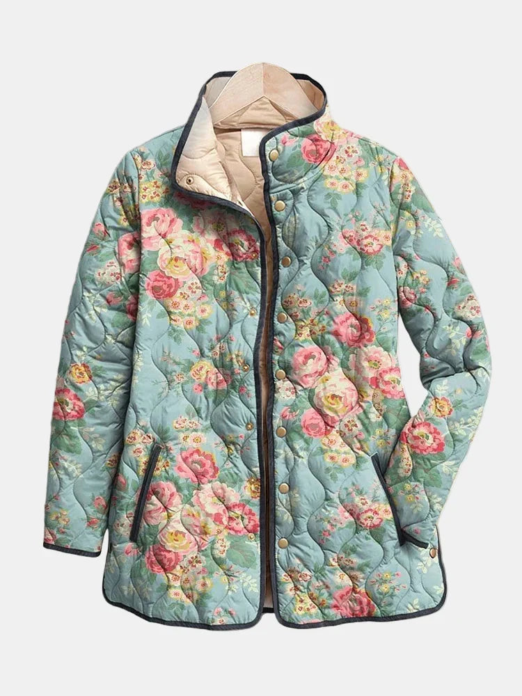 Women's Wrap Front Quilted Jacket with Teal Floral Print | Padded Layer with Stand Collar and Full Zip | Size S-3XL