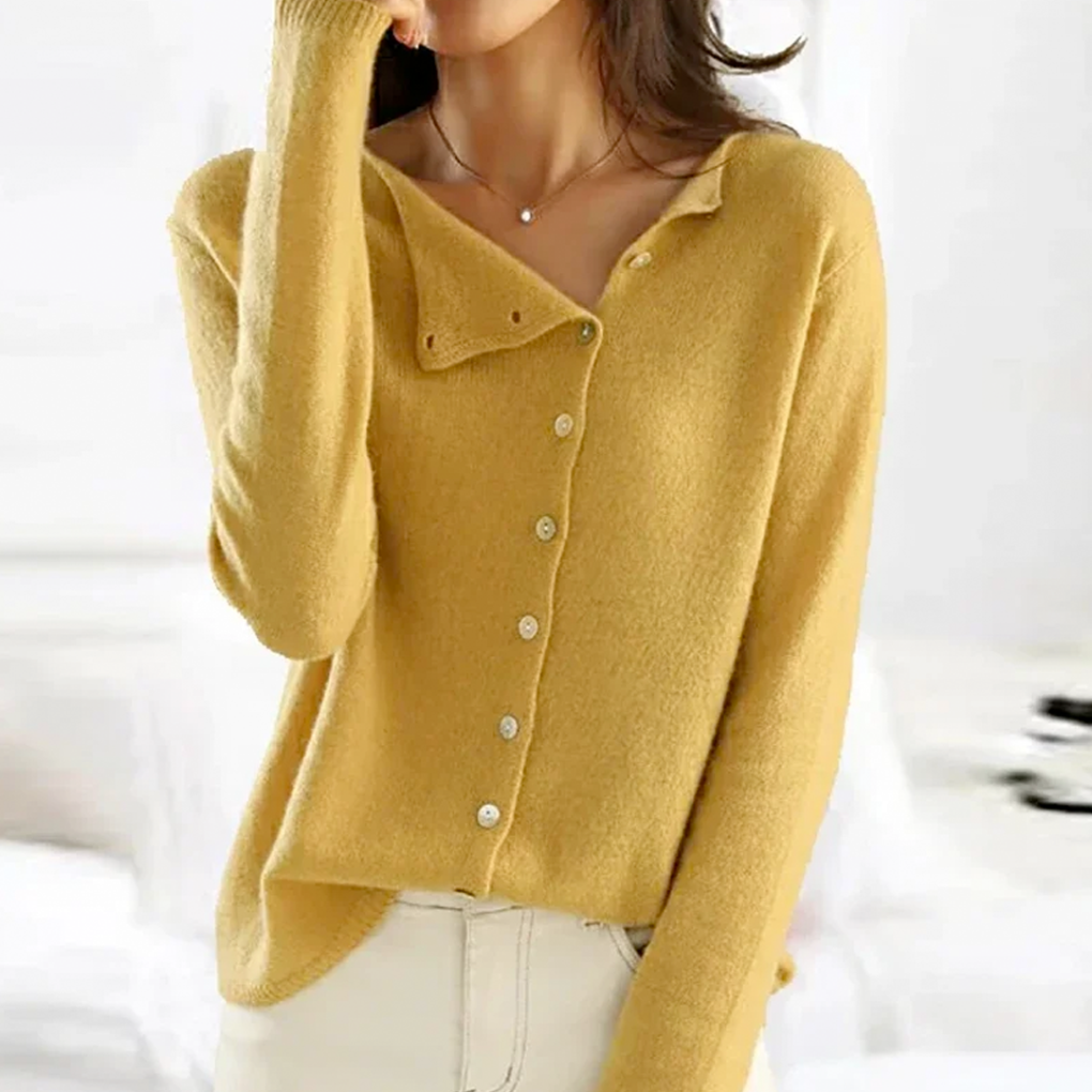 Women's Asymmetric Button Up Cardigan Sweater in Soft Knit | Relaxed Fit Layering Top with Natural Drape | Size S-2XL