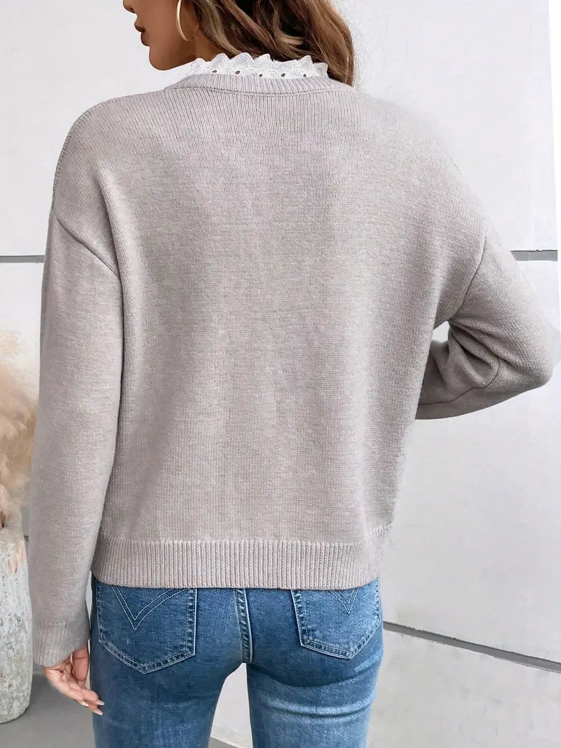 Women's Knit Sweater with Lace Details | Classic Cut Pullover Jumper for Casual and Dressy Looks | Size S-XL