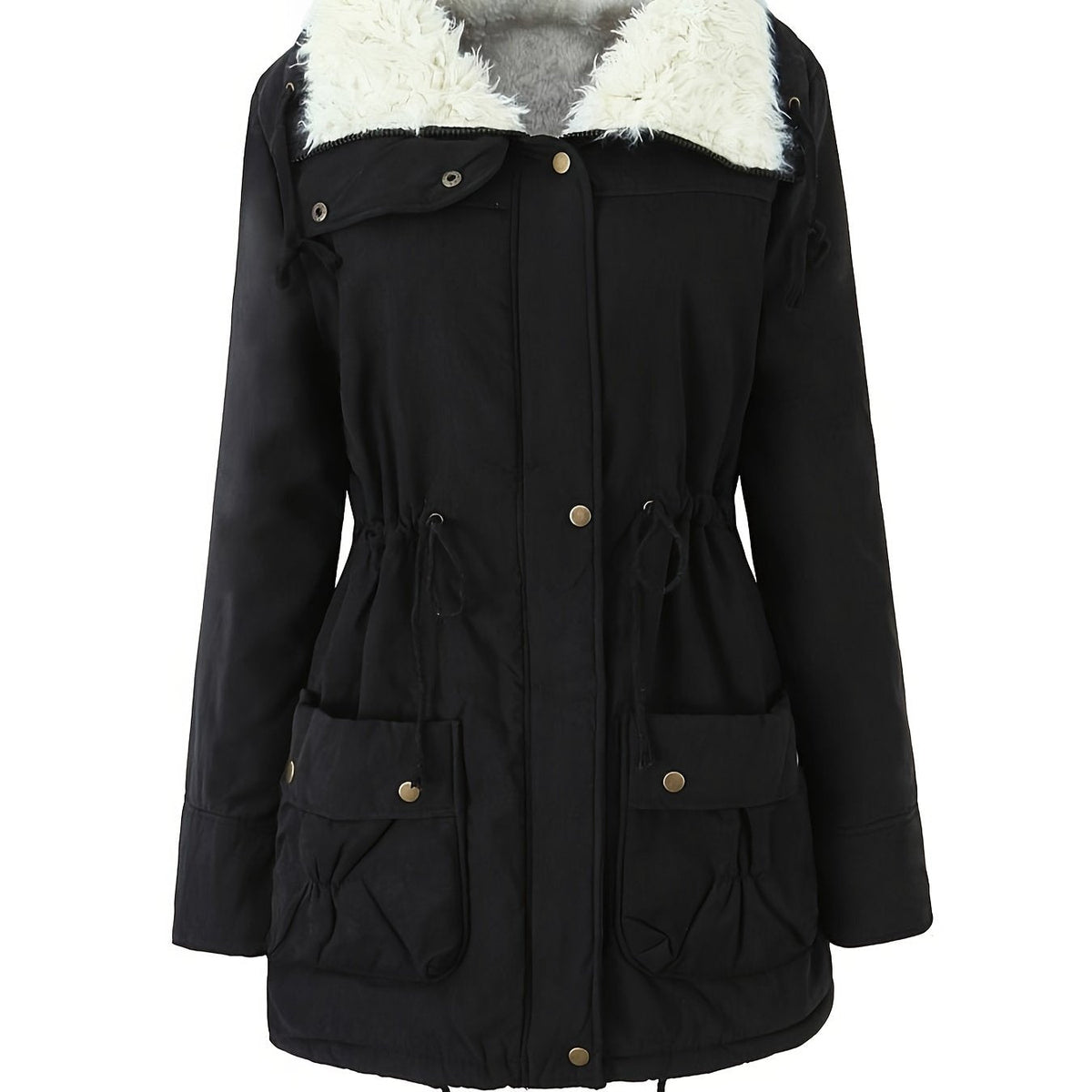 Womens Parka with Hood and Button Front | Drawstring, Pockets | For Winter | Size S-XL | Black, Fern Green