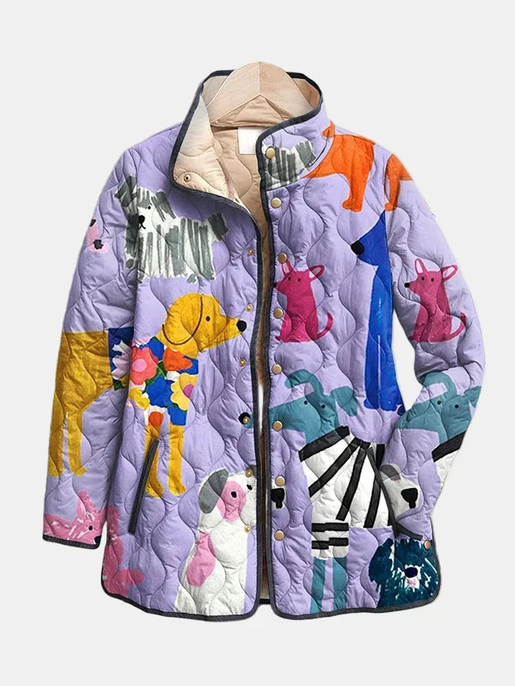 Women's Oversized Quilted Jacket with Colorful Artwork Print | Padded Zip Front Layer with Stand Collar | Size S-3XL