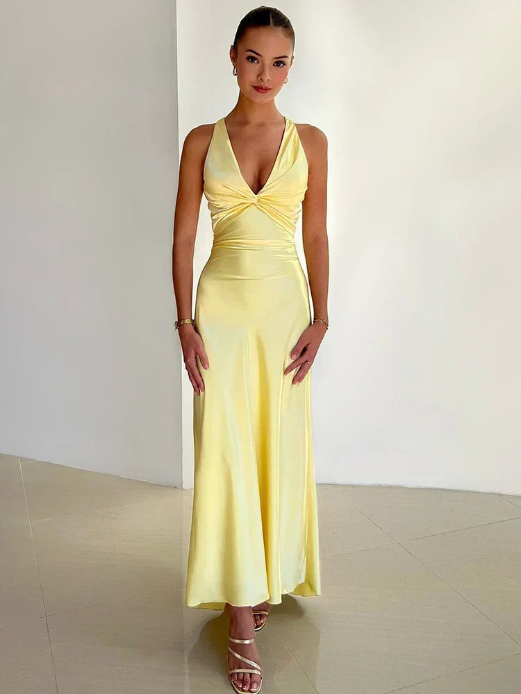 Women's Satin Halter Neck Maxi Dress | Sleek Evening Line for Galas and Weddings | Sizes S to L, 4 Colors