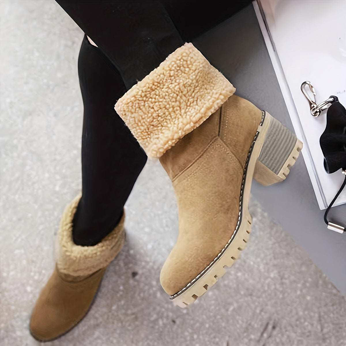 Women's Black Boots with Block Heel and Ankle Height | Cuffs | For Winter | Size 9-9 | Black