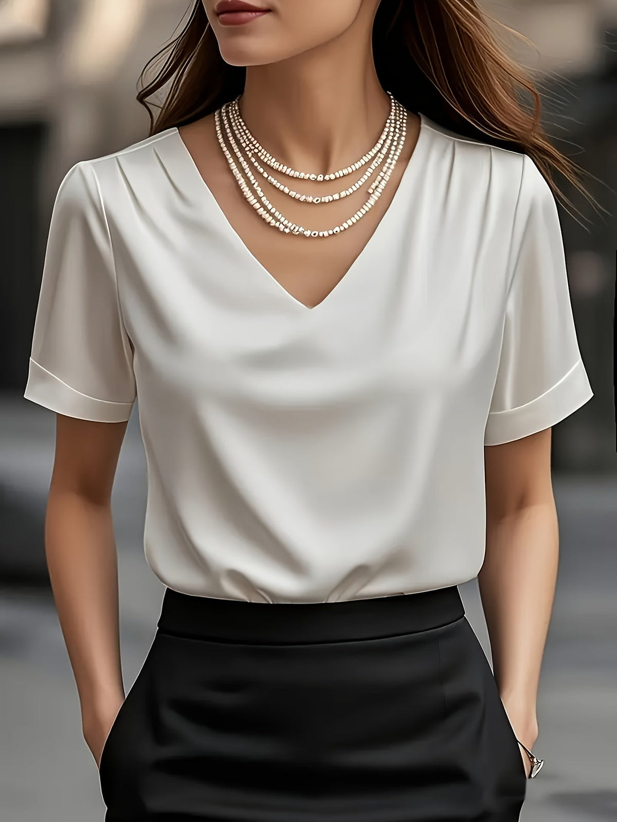 Women's Satin Blouse with V Neck and Short Sleeves | Relaxed Drape, Smooth Seams | Sizes XS to 3XL, 4 Colors