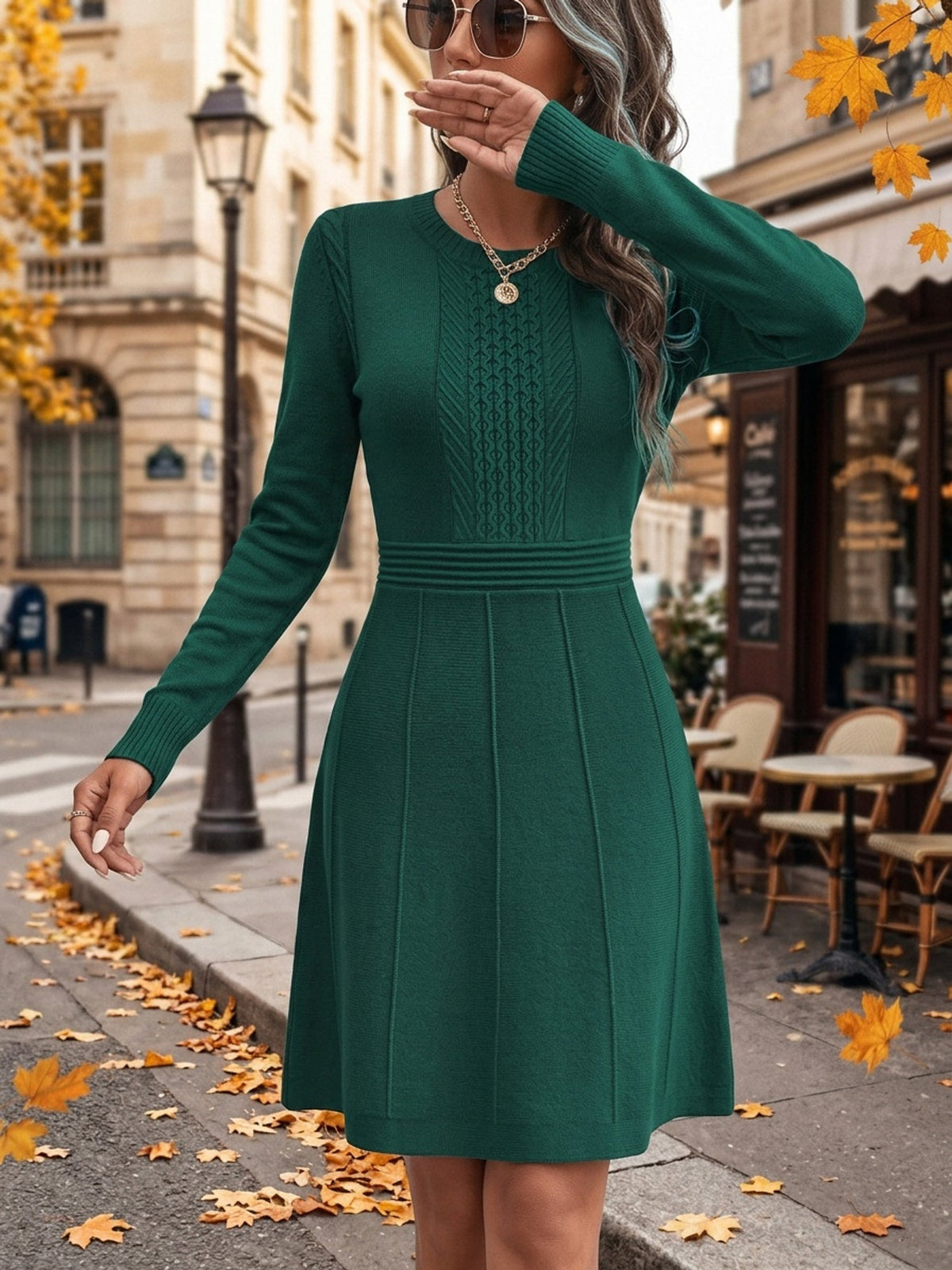 Women's A Line Sweater Dress with Fitted Waist | Cable and Ribbed Detail, Round Neck | Sizes S-2XL in Dark Green