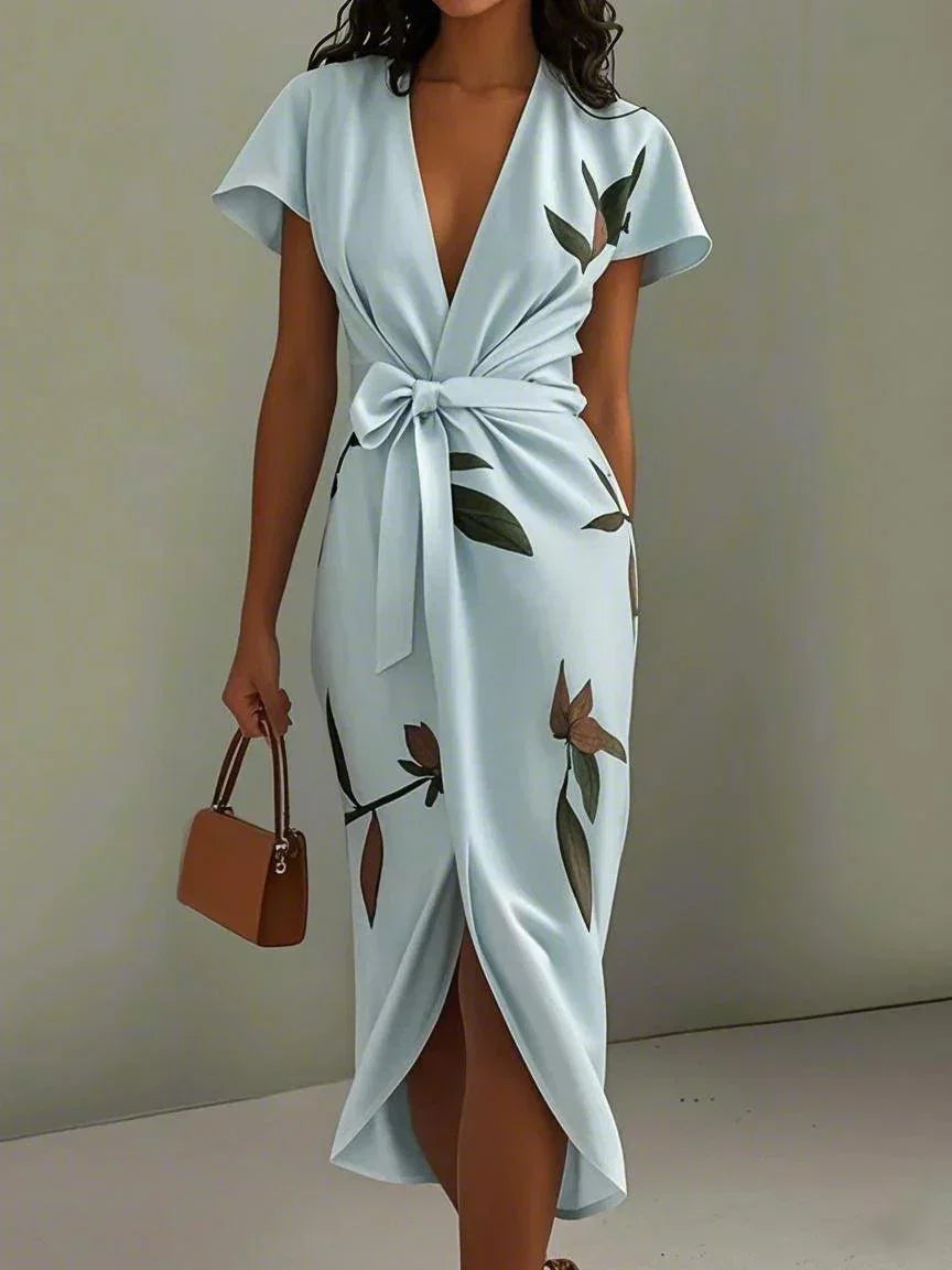 Women's Wrap Dress with a Tie Belt and Leaf Print | Flowing Skirt in White or Light Blue | Size S-3XL, 2 Colors