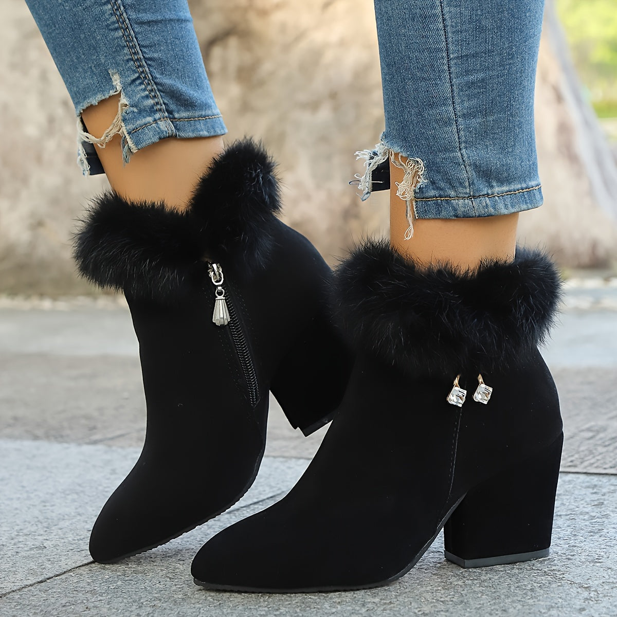 Women's Faux Fur Trim Ankle Boots with Block Heel | Pointed Toe Booties with Side Zip and Cushioned Footbed | Size 5.5-10