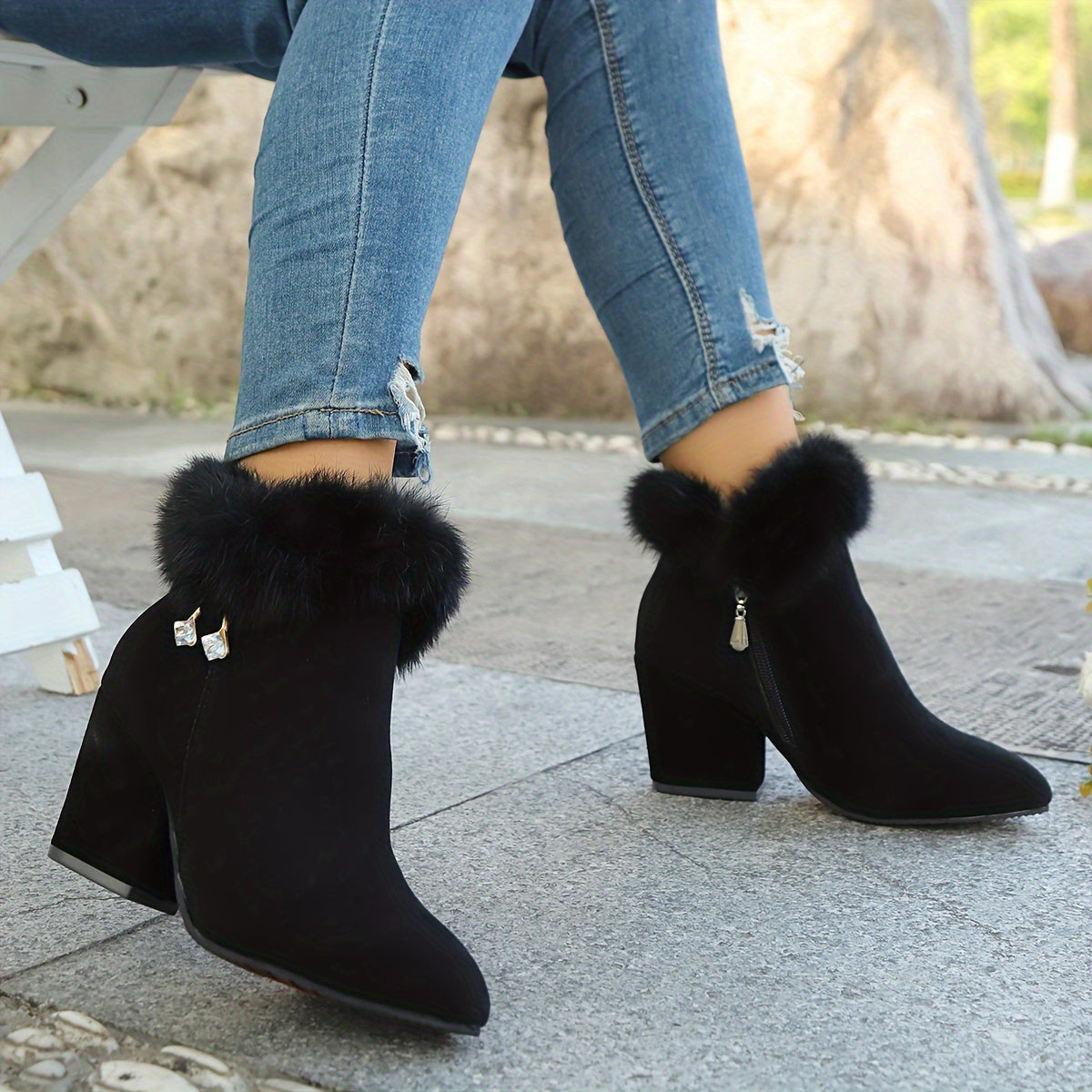 Women's Faux Fur Trim Ankle Boots with Block Heel | Pointed Toe Booties with Side Zip and Cushioned Footbed | Size 5.5-10