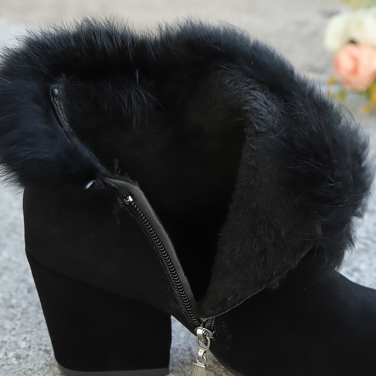 Women's Faux Fur Trim Ankle Boots with Block Heel | Pointed Toe Booties with Side Zip and Cushioned Footbed | Size 5.5-10