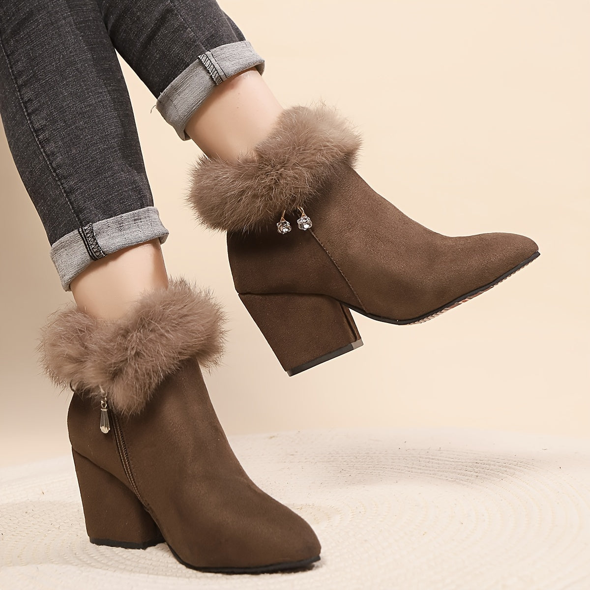 Women's Faux Fur Trim Ankle Boots with Block Heel | Pointed Toe Booties with Side Zip and Cushioned Footbed | Size 5.5-10