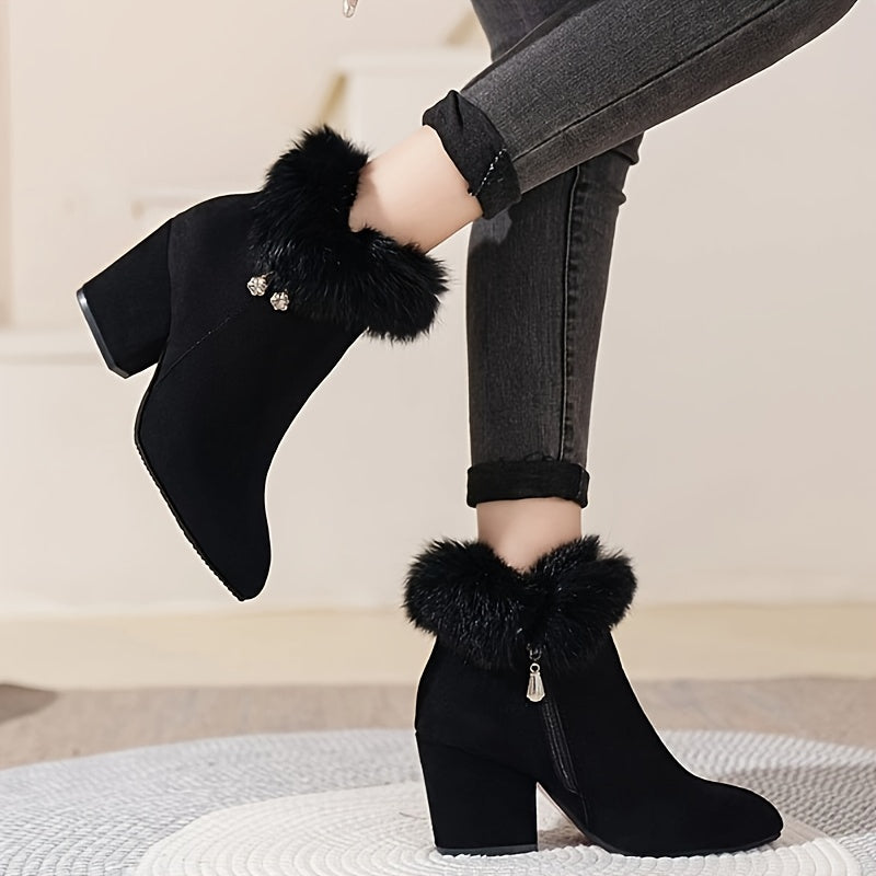 Women's Faux Fur Trim Ankle Boots with Block Heel | Pointed Toe Booties with Side Zip and Cushioned Footbed | Size 5.5-10