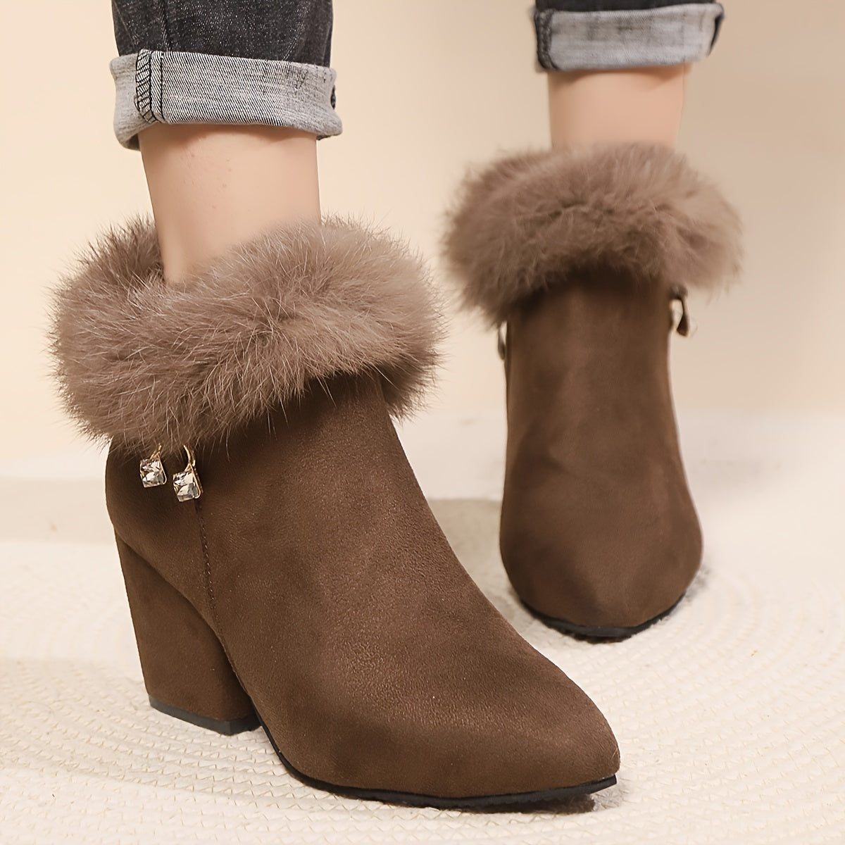 Women's Faux Fur Trim Ankle Boots with Block Heel | Pointed Toe Booties with Side Zip and Cushioned Footbed | Size 5.5-10