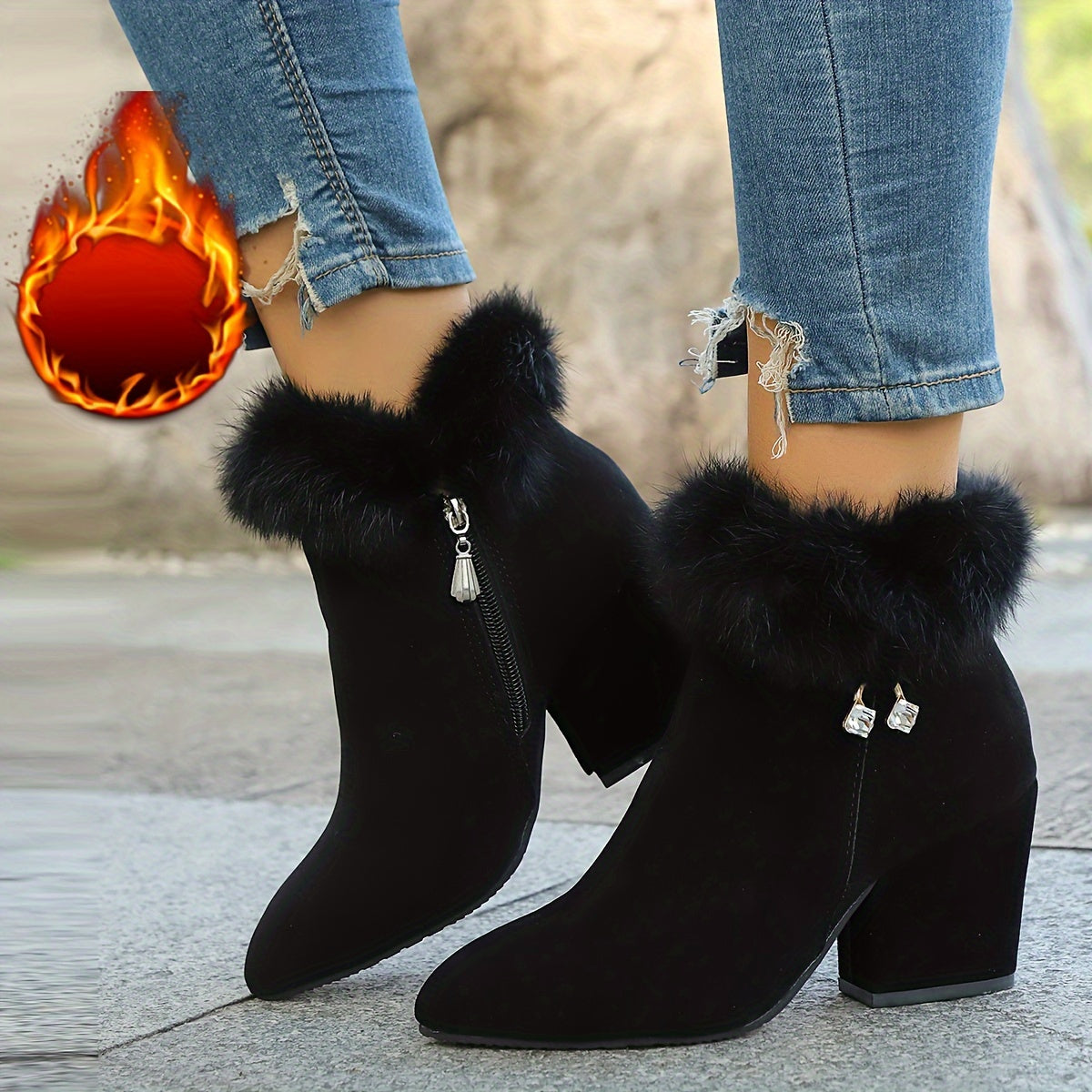 Women's Faux Fur Trim Ankle Boots with Block Heel | Pointed Toe Booties with Side Zip and Cushioned Footbed | Size 5.5-10