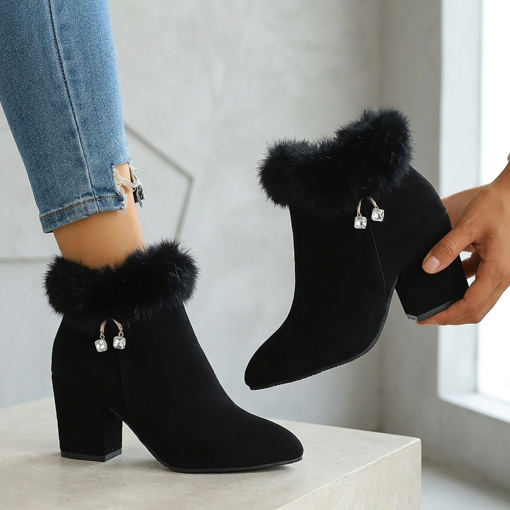 Women's Faux Fur Trim Ankle Boots with Block Heel | Pointed Toe Booties with Side Zip and Cushioned Footbed | Size 5.5-10