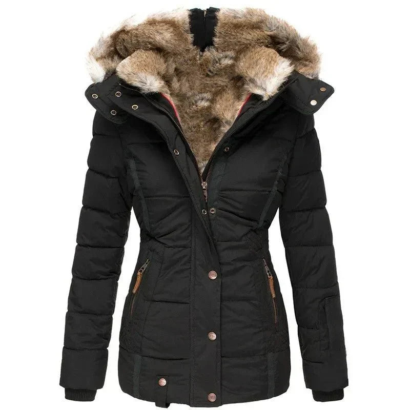 Women's Puffer Jacket with Quilted Panels and Hood | Faux Fur Trim, Fitted Cut, Knit | For Winter | Size S-5XL